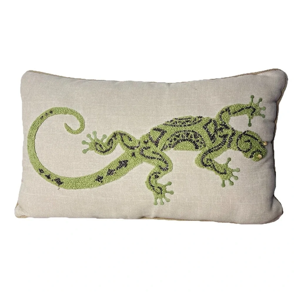 Pier 1 Imports Beaded Embroidered Lizard Gecko Lumbar Pillow 19x10 Boho Decor